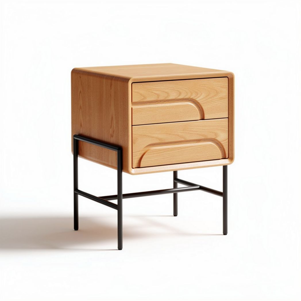 Table de chevet en bois clair avec deux tiroirs et pieds en métal noir 40 x 40 x 50cm