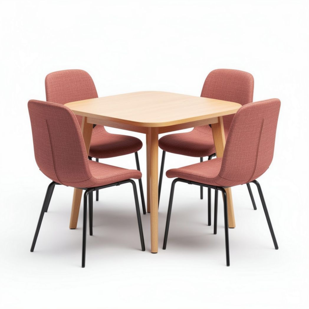 Table carrée en bois clair avec quatre chaises en tissu rose dimensions 75 x 75 x 75cm