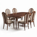 Table ovale en bois foncé avec six chaises rembourrées en tissu beige 180 x 100 x 75cm