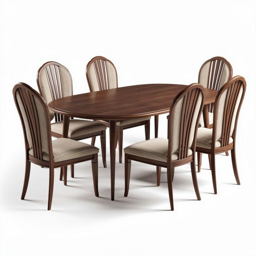 Table ovale en bois foncé avec six chaises rembourrées en tissu beige 180 x 100 x 75cm