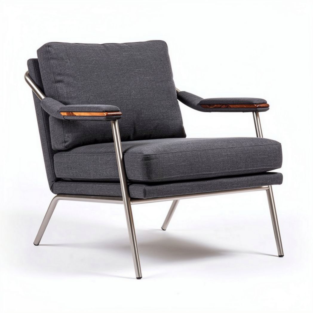 Fauteuil en tissu gris avec accoudoirs en bois et structure en métal 80 x 80 x 80cm