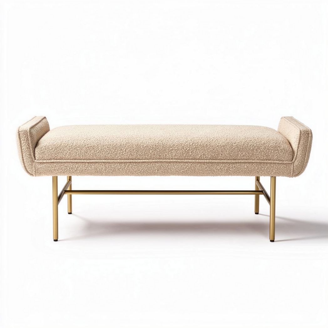 Banc en tissu beige avec structure en métal doré 120 x 50 x 40cm